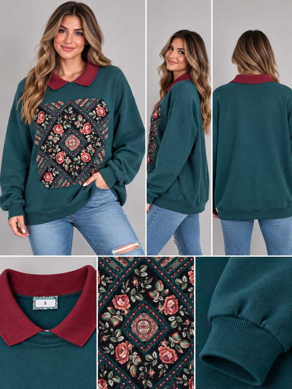 Vintage Jerzees Floral Quilted Patchwork Collar Sweatshirt Green Large